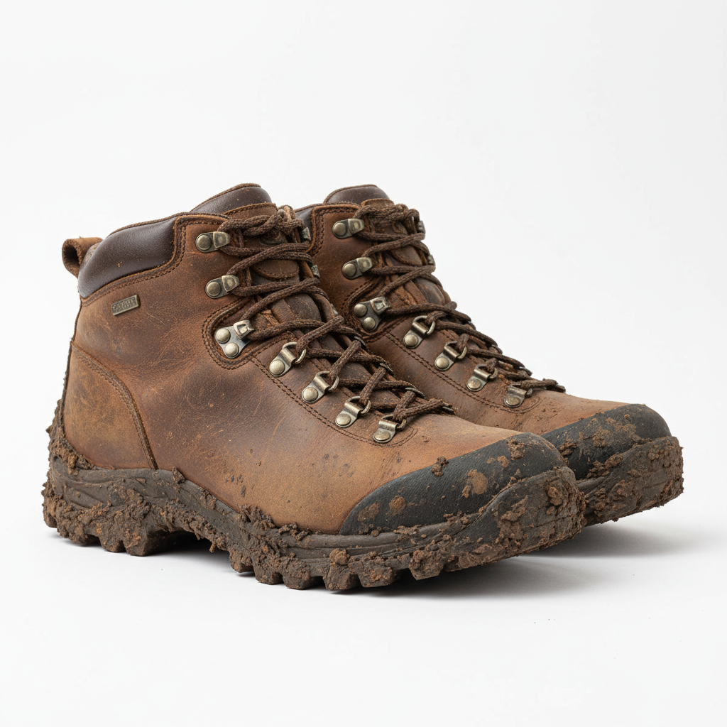 Verschmutzte braune Wanderschuhe