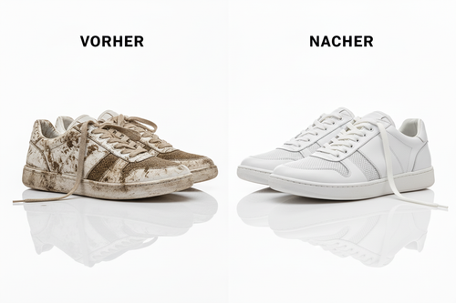 Vorher/Nachher Schuhreinigung mit farblich passenden Schnürsenkeln